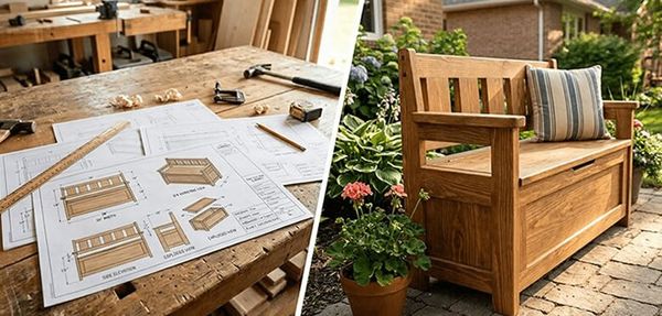 A small workbench beside a printed woodworking plan